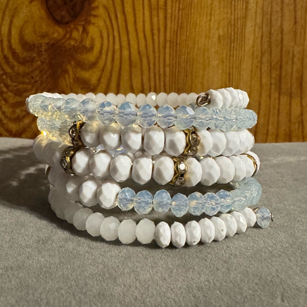 White Beaded Gold Tone Rhinestone Coil Wired Wrap Bracelet